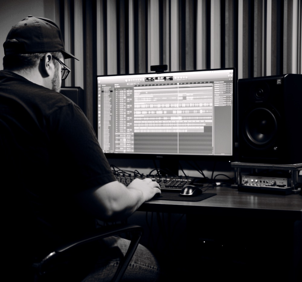 Grant Morriss producing music in the studio